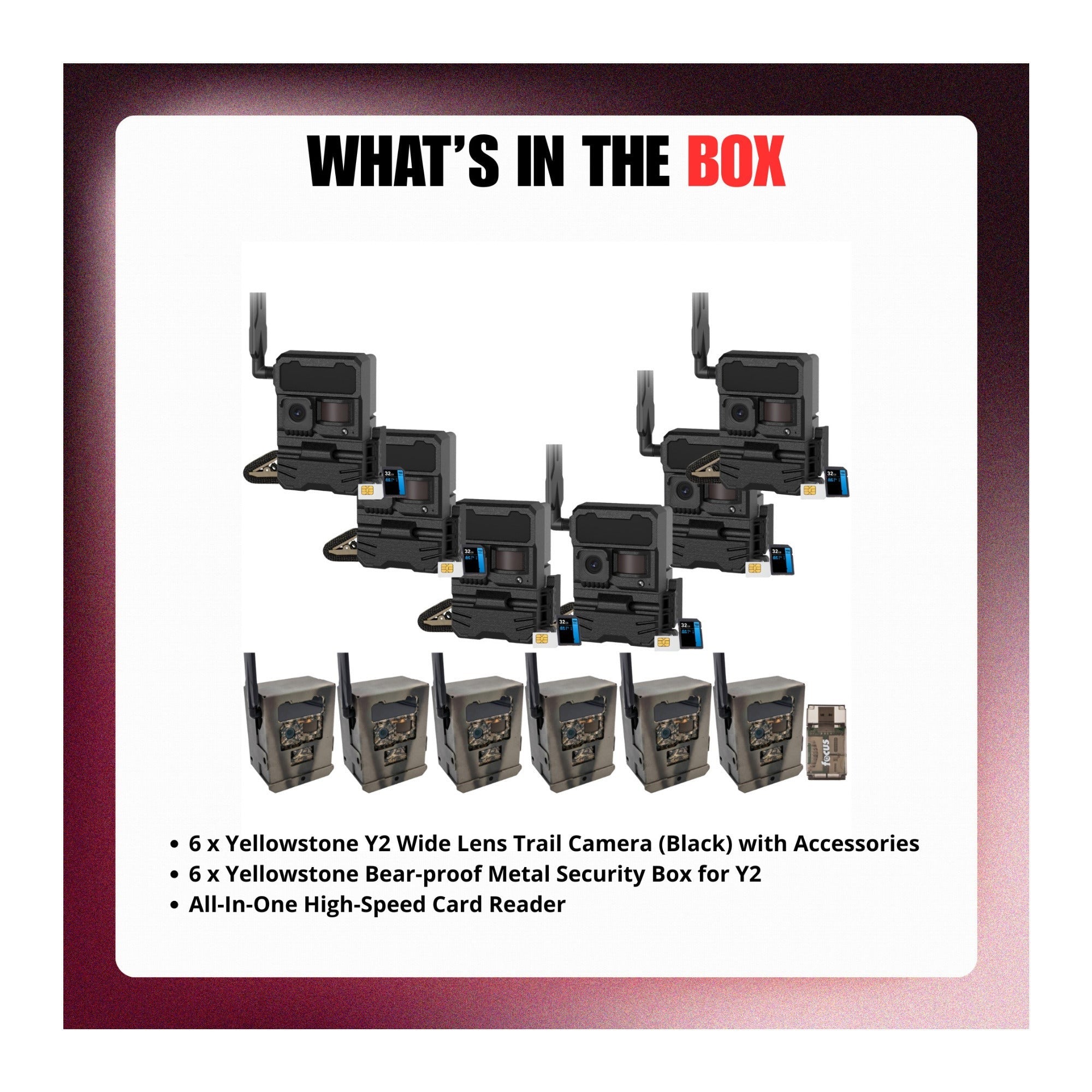 Yellowstone Y2 Black Wide Lens Trail Camera (6-Pack) with Security Box and Accs