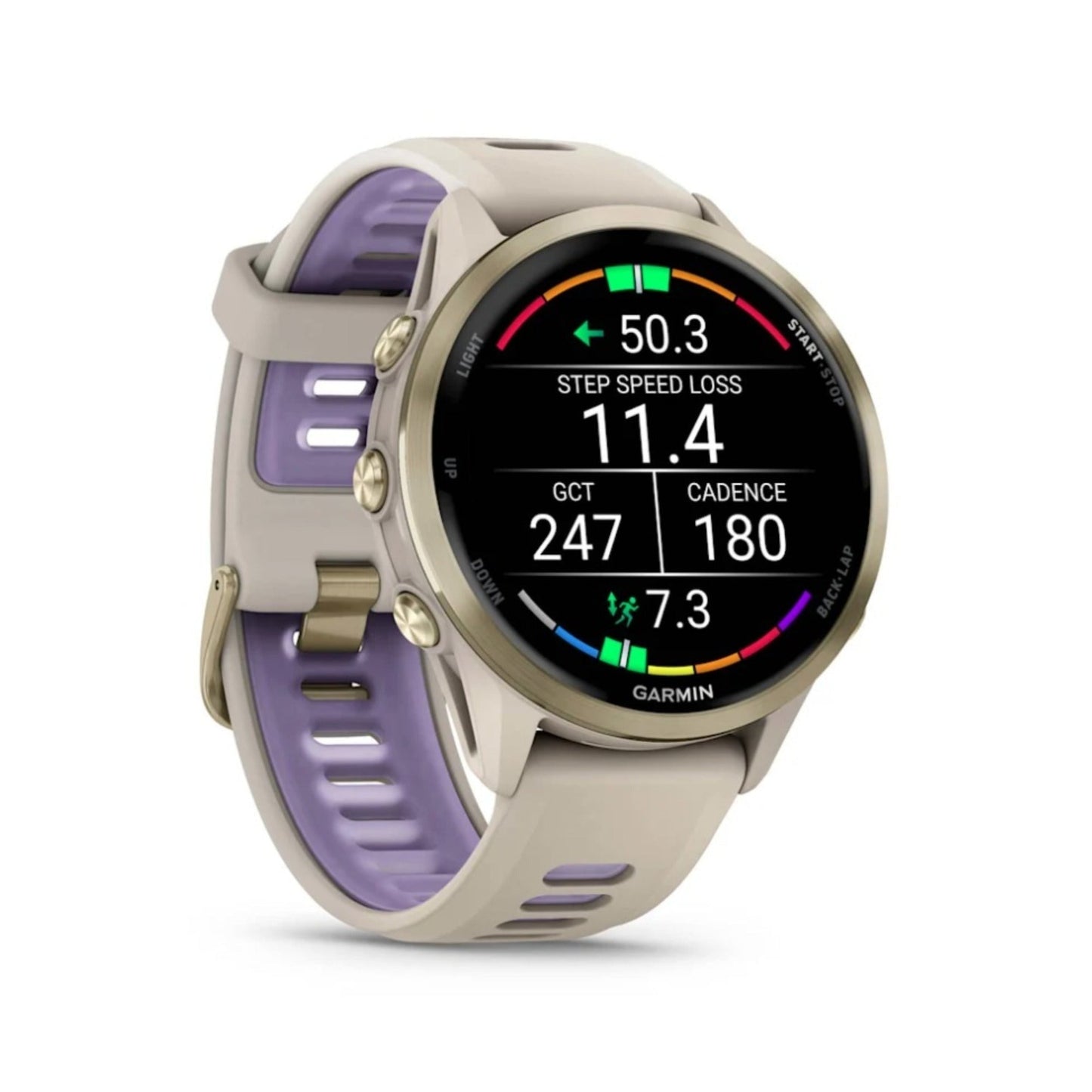 Garmin Forerunner 970 Soft Gold Titanium with French Gray Case and Indigo Band