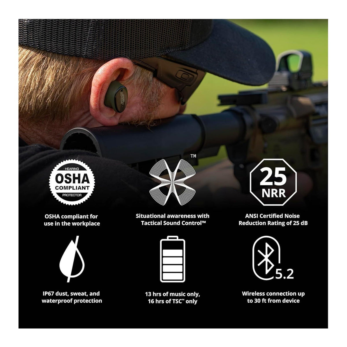 CALIBER Tactical Earbuds with True Wireless Bluetooth, 25 NRR, OD Green & Black