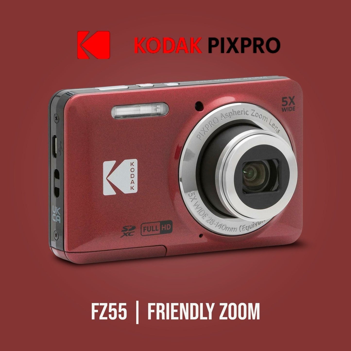 Kodak PIXPRO Friendly Zoom FZ55 Digital Camera (Red) Bundle