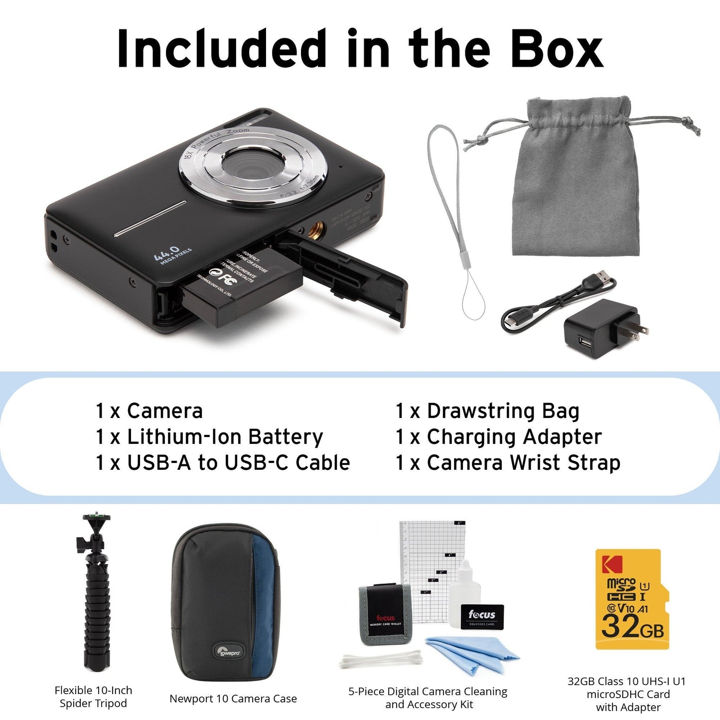 Koah 44MP FHD Point and Shoot Digital Camera with 16X Power Zoom (Black) and 32GB Card Bundle