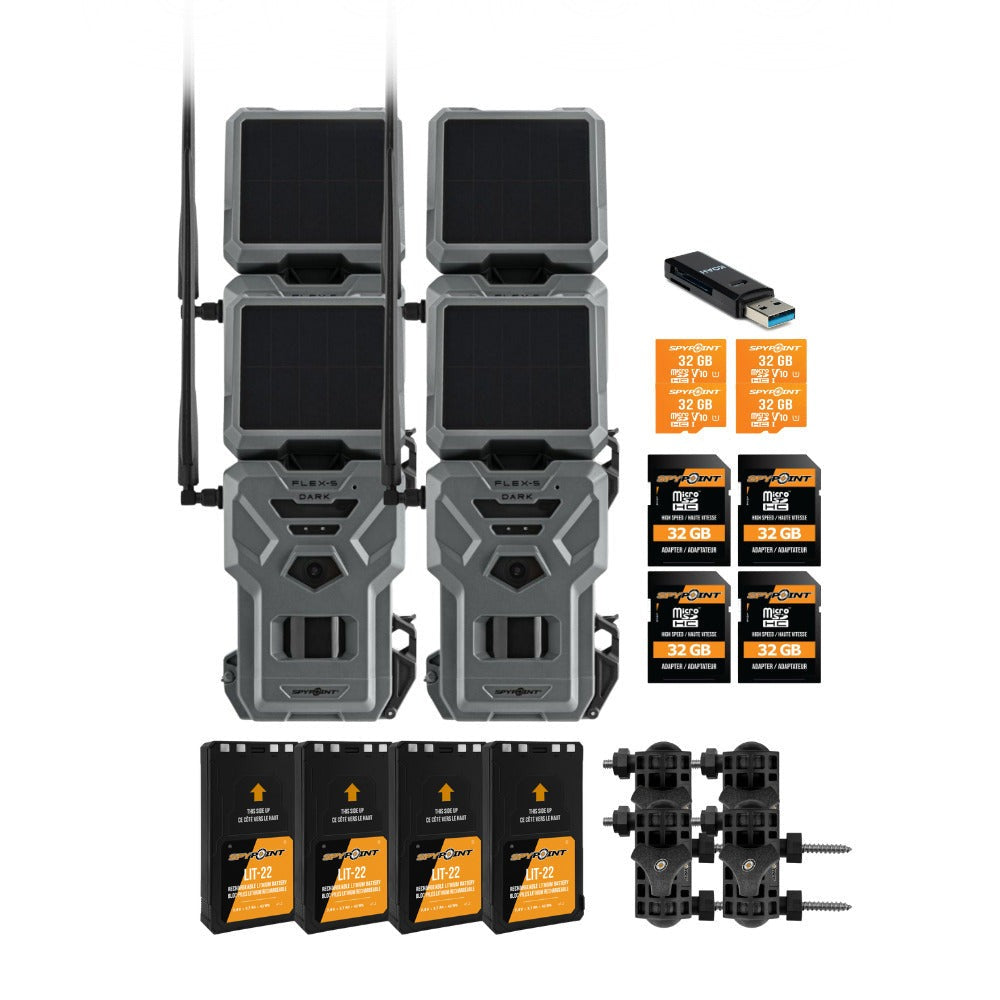 Spypoint Flex-S-Dark Solar Trail Camera with Panel (4 Pack) with Accessories