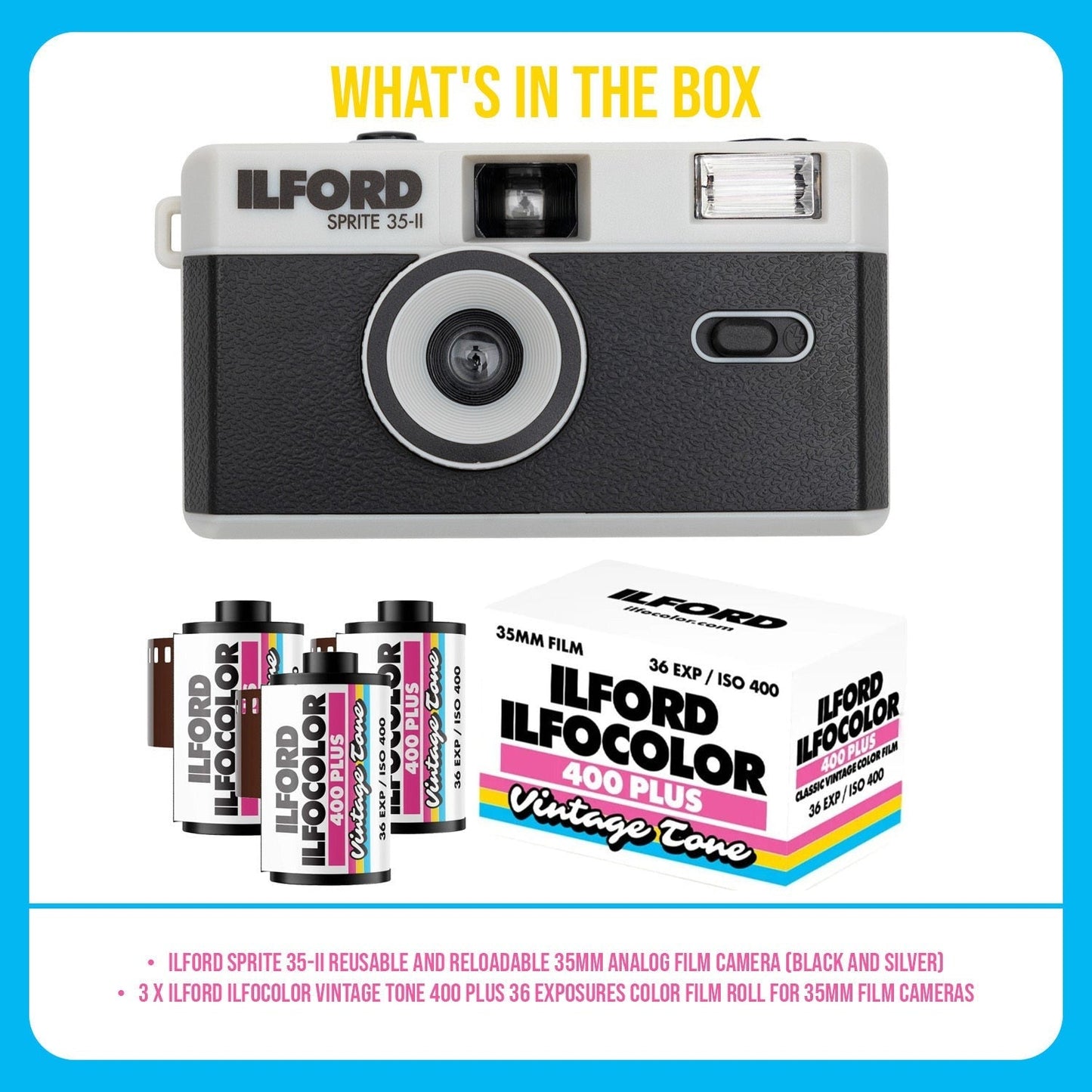 Ilford Sprite 35-II Reloadable 35mm Analog Film Camera and Ilford Film Roll (3-Pack) Bundle