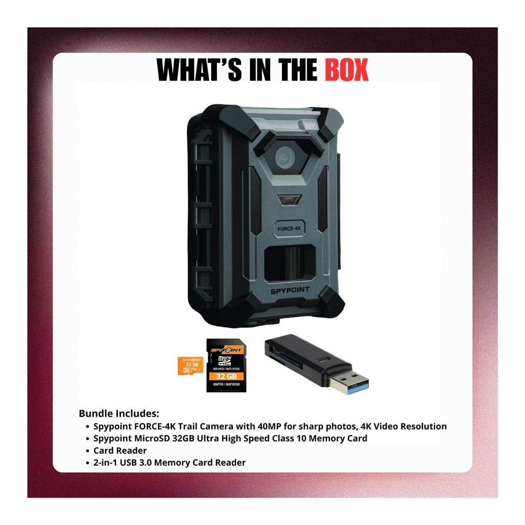 Spypoint Force 40MP 4K Trail Camera Bundle with 32GB Memory Card and Card Reader