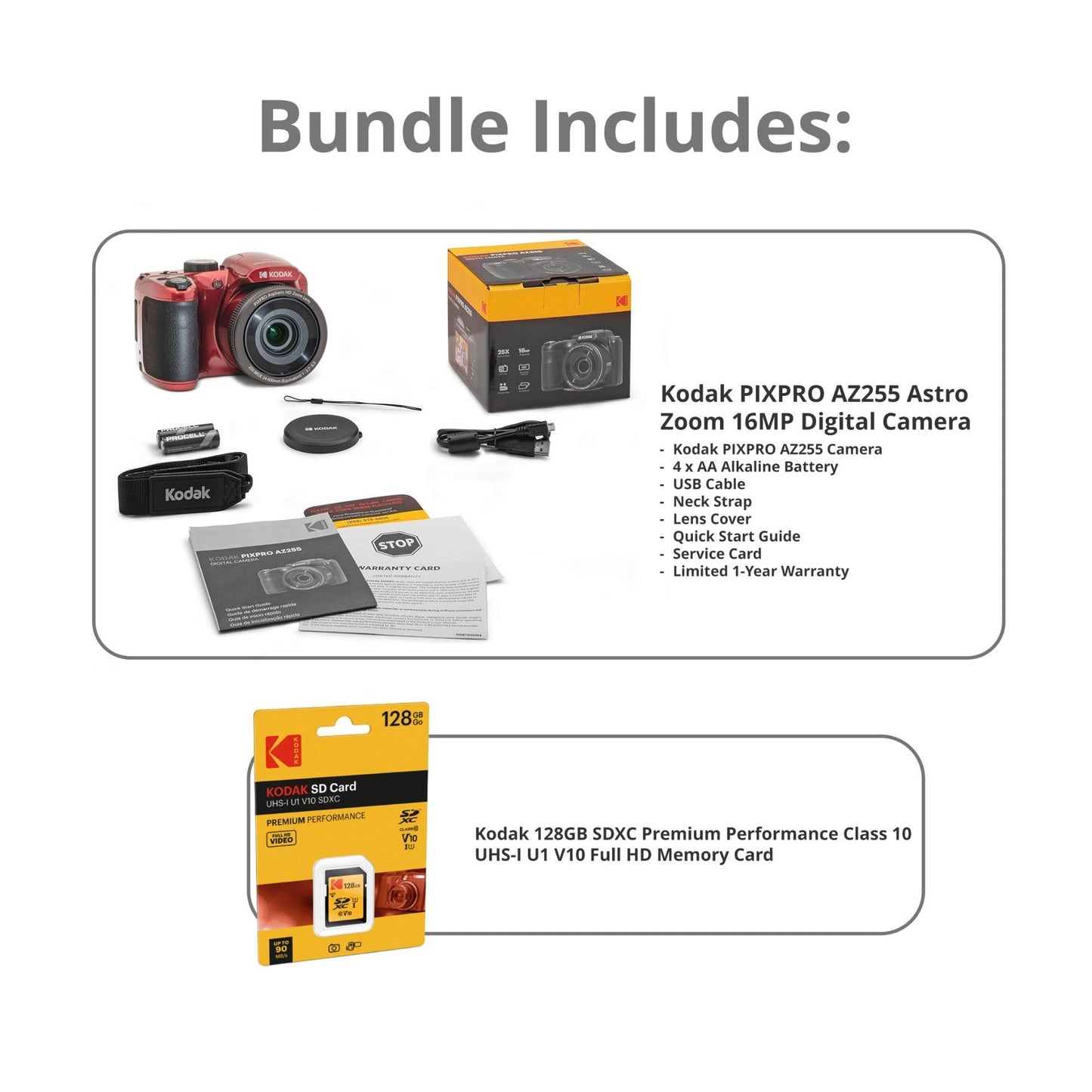 Kodak PIXPRO AZ255 Astro Zoom 16MP Digital Camera (Red) with 128GB SDXC Card