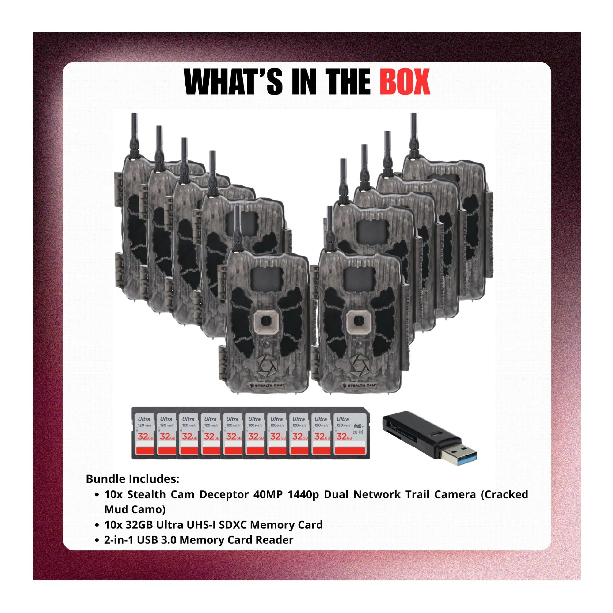 Stealth Cam Deceptor Dual Network Trail Camera (10 Pack) Bundle with Accessories