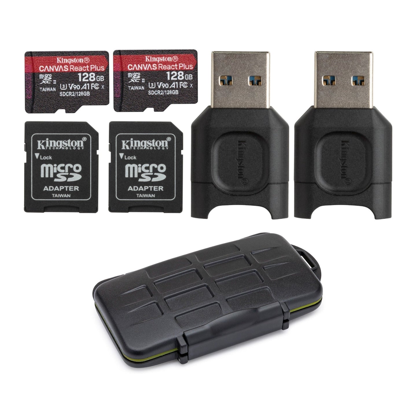 Kingston 128GB Canvas React Plus V90 UHS-II MicroSDXC Card with Reader (2-Pack) and Memory Case