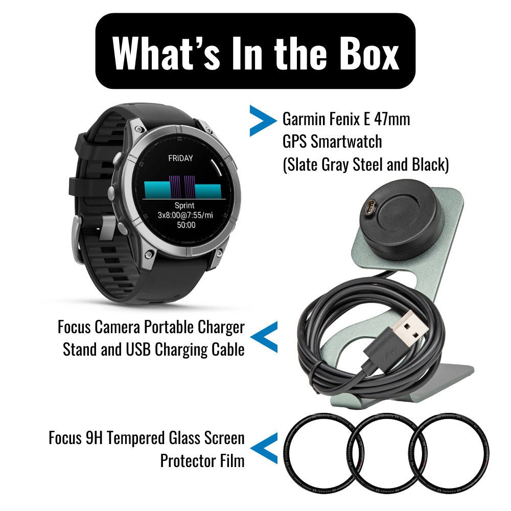 Garmin Fenix E 47mm AMOLED GPS Smartwatch (Slate Steel and Black) with Portable Charger Stand Bundle