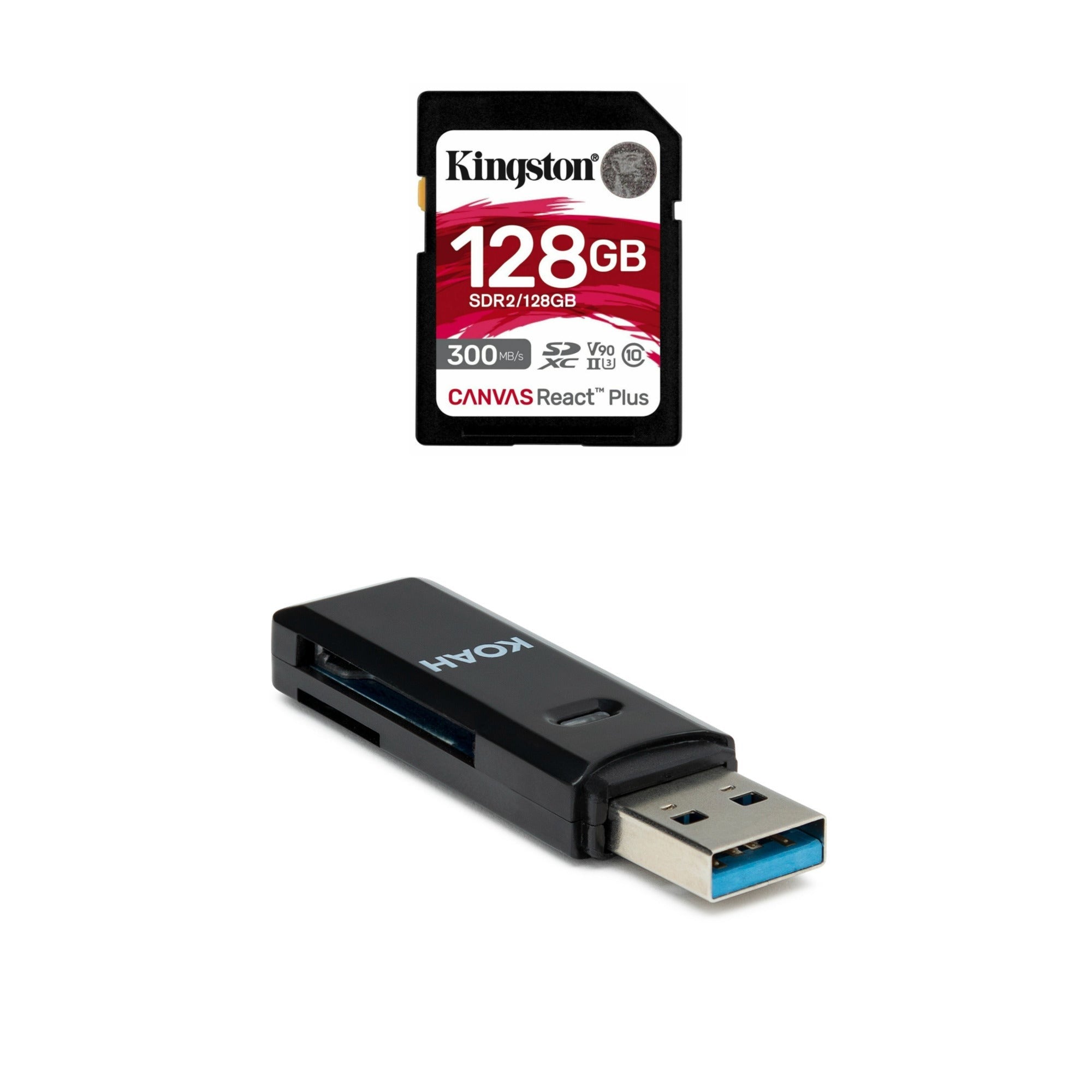 Kingston Canvas React Plus 128GB U3 V90 SDXC UHS-II SD Card with 2-In-1 Memory Card Reader