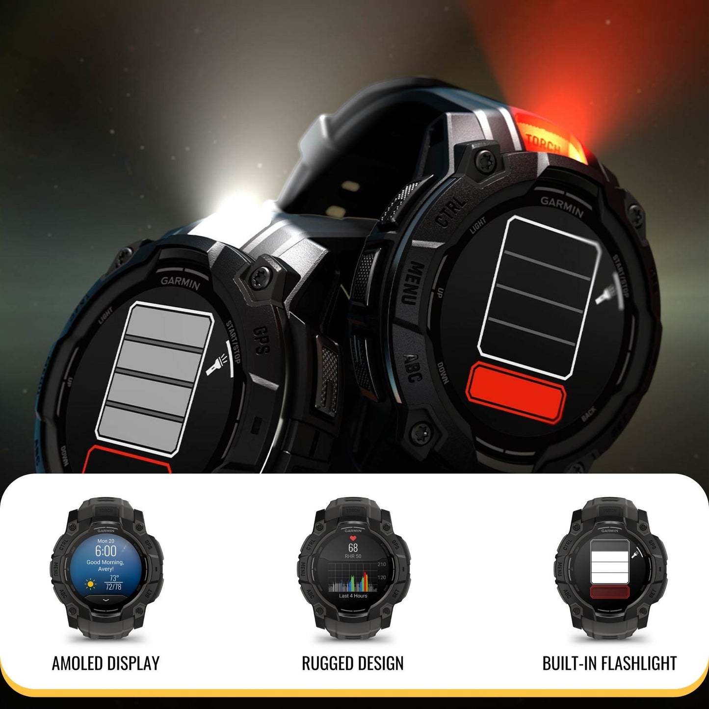 Garmin Instinct 3 45mm AMOLED GPS Smartwatch (Black) and Focus Camera Charger Stand Bundle