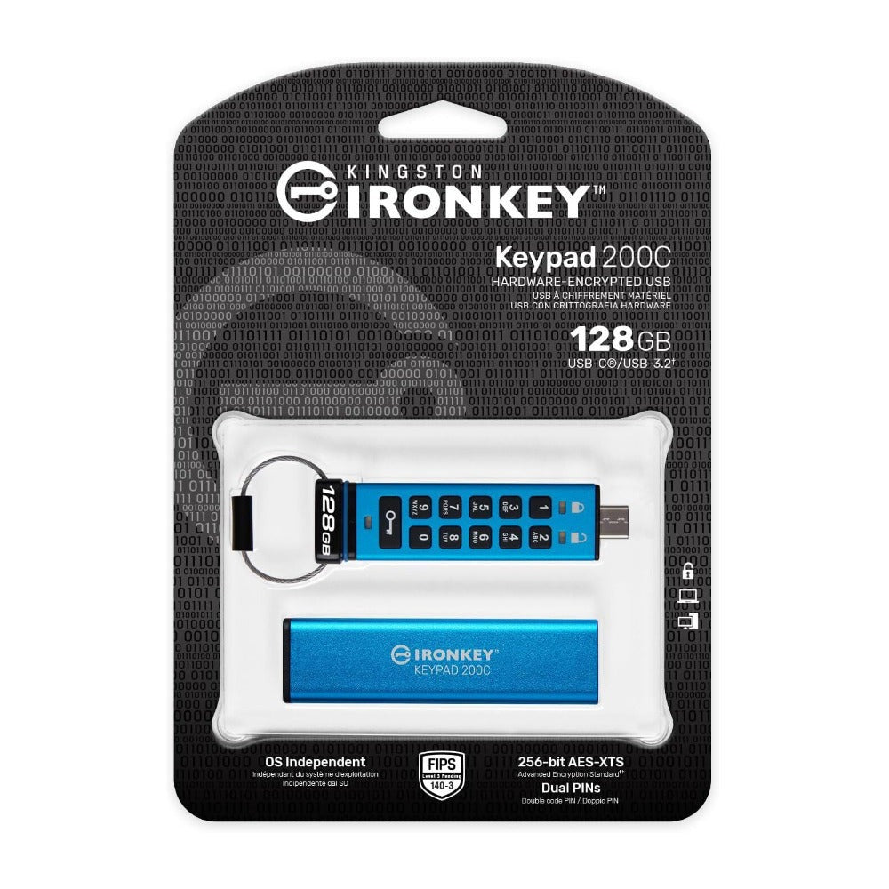 Kingston Ironkey Keypad 200 USB-C 128GB Encrypted Flash Drive (Blue)
