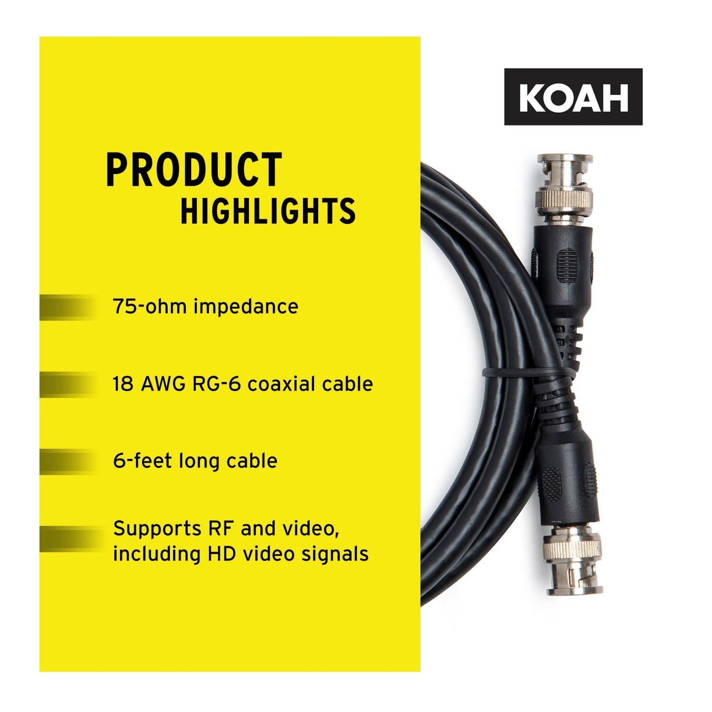 Koah Pro 3G-SDI BNC Male to BNC Male Video Cable, BNC - BNC Cable, 6 Feet Coaxial Cable