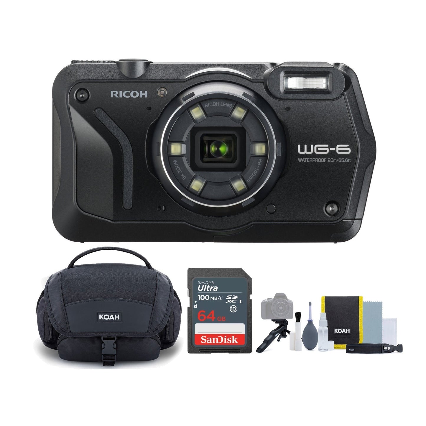 Ricoh WG-6 Digital Camera (Black) with Gadget Bag with Cleaning Kit and 64GB Memory Card