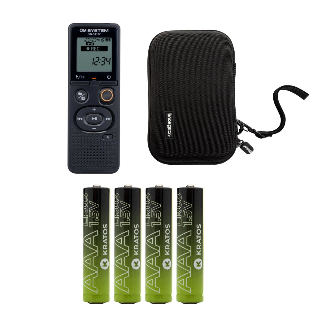 Olympus OM System 4GB Voice Recorder with Batteries (4-Pack) and Case Bundle