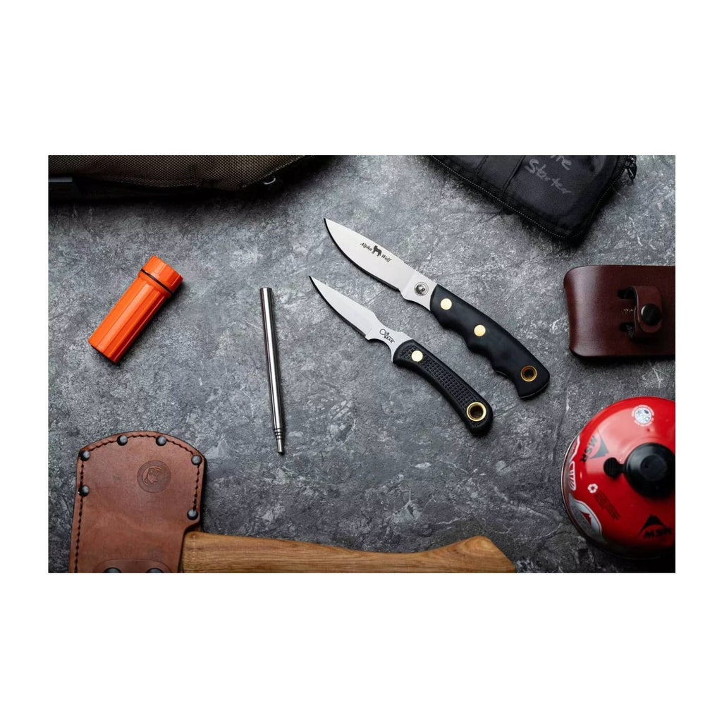 Knives of Alaska Alpha Wolf D2 Skinning and Cub Bear Caping Knife Suregrip Combo