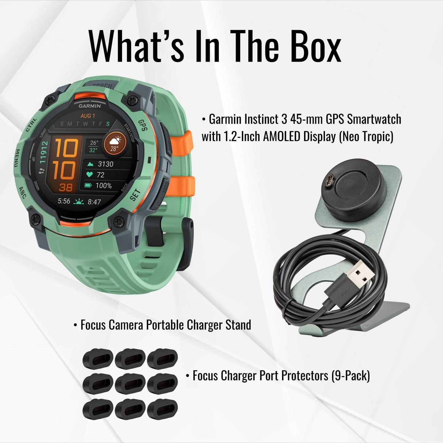 Garmin Instinct 3 45mm AMOLED GPS Smartwatch (Neo Tropic) and Focus Camera Charger Stand Bundle