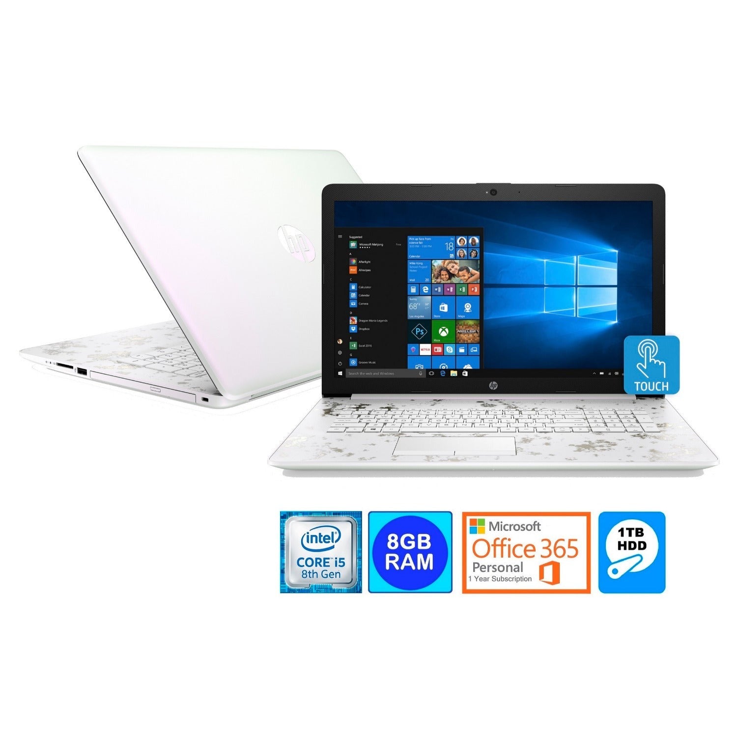 HP Laptop, 15.6" HD Touch, Intel Core i5-8250U, 8GB RAM, 1TB HDD, Microsoft 365 Personal 1-Year (Pearl White) (Certified Refurbished)