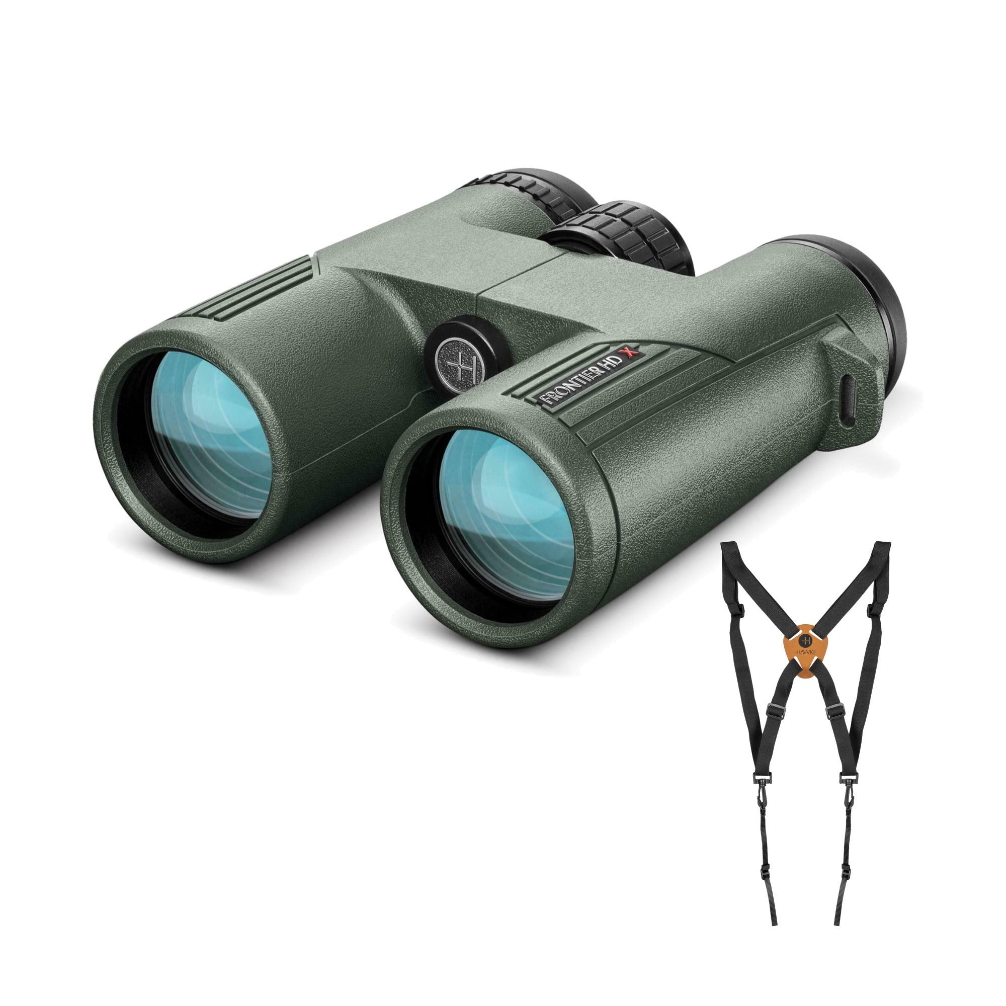 Hawke Sport Optics Frontier HD X 10x42 Binoculars Green w/ Harness Strap Bundle