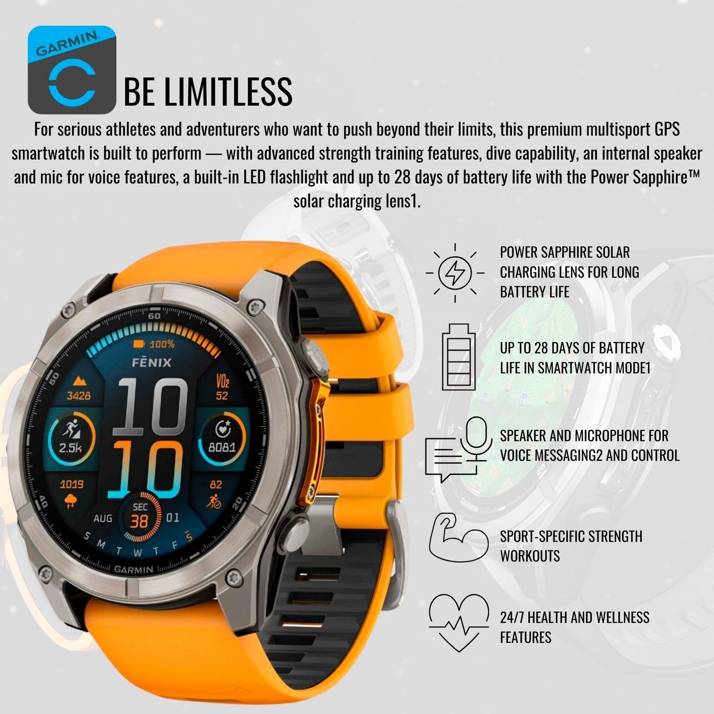 Garmin Fenix 8 Sapphire 47mm GPS Smartwatch (Spark Orange and Graphite) with Power Bank Bundle