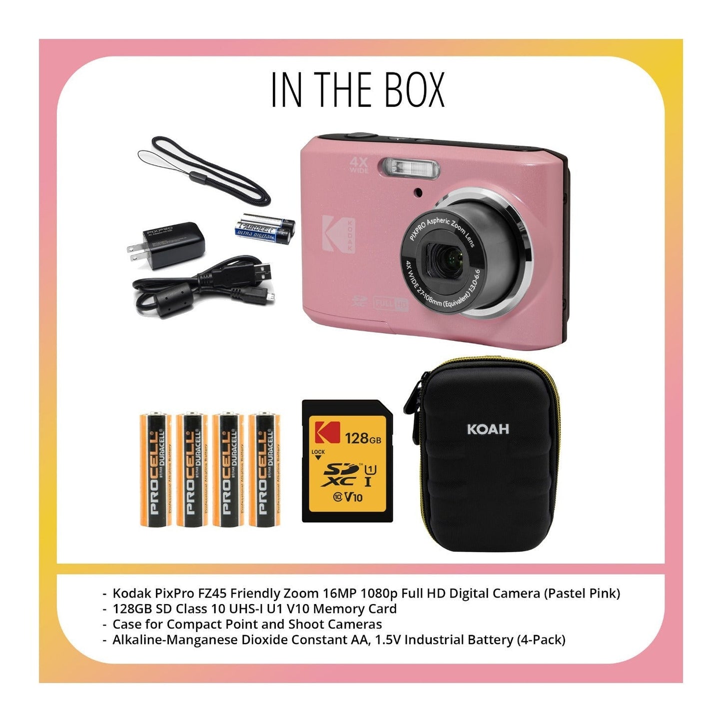 Kodak PixPro FZ45 Friendly Zoom 16MP Digital Camera (Pink) with SD Card and Case