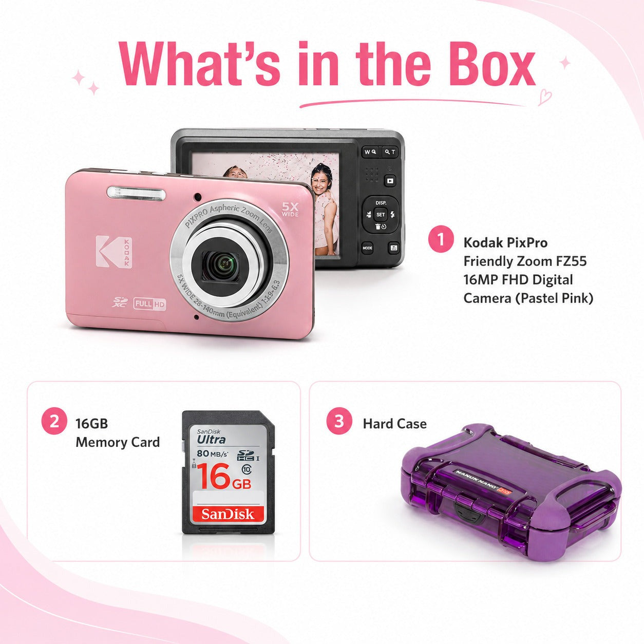 Kodak PixPro Friendly Zoom FZ55 16MP FHD Digital Camera (Pastel Pink) Bundle
