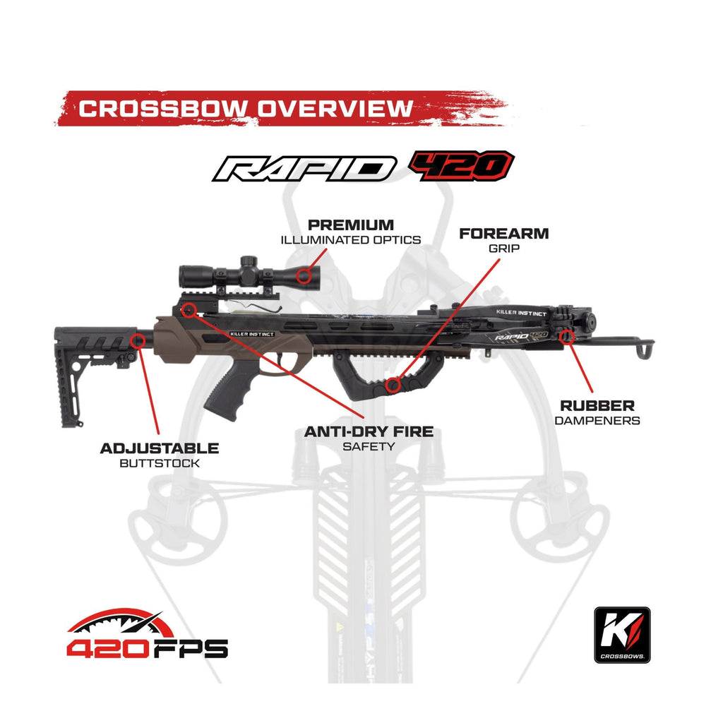 Killer Instinct Rapid 420 Crossbow Kit with Case, Bolts and Broadheads Bundle
