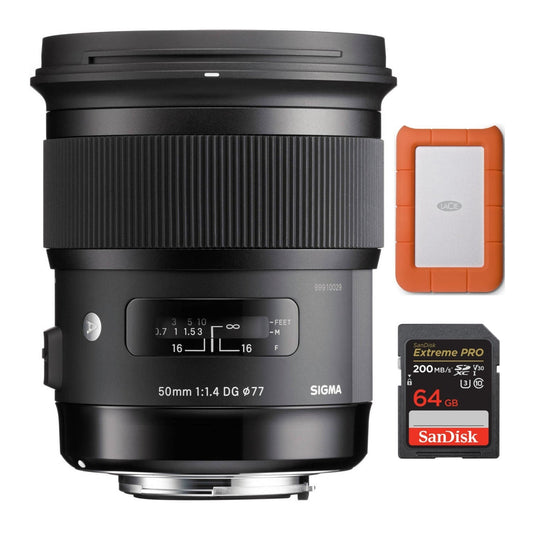 Sigma 50mm f/1.4 DG HSM Art Lens for Canon with LaCie Hard Drive and SanDisk 64GB Memory Card