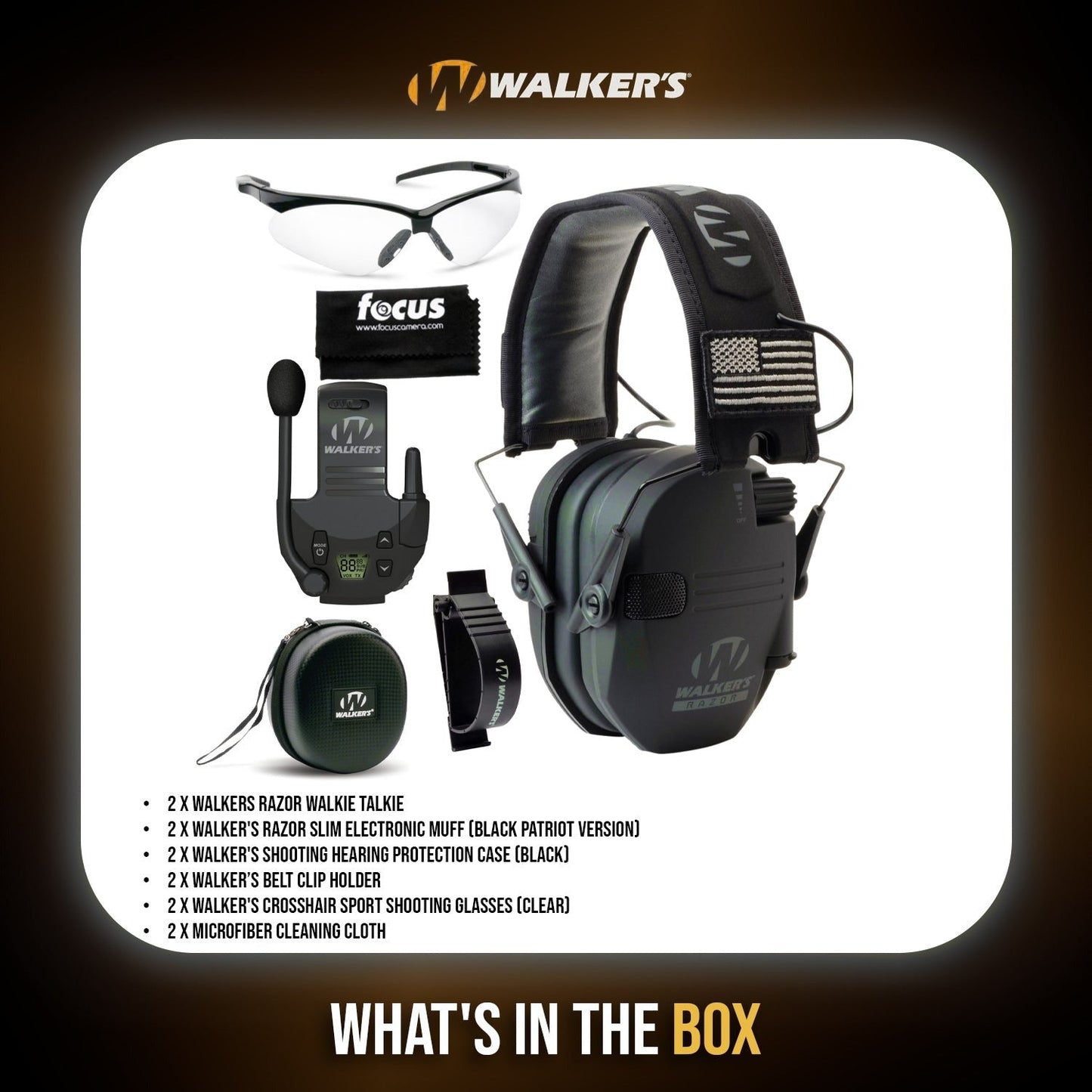 Walkers Razor Walkie Talkie Bundle with Ear Muff (Black Patriot) and Accessories