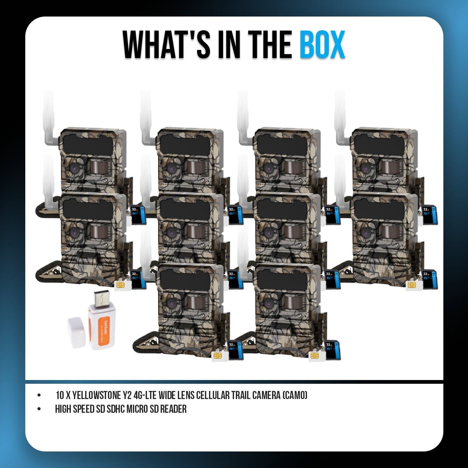 Yellowstone Y2 4G-LTE Wide Lens Cellular Trail Camera (10-Pack) Bundle with Card Reader
