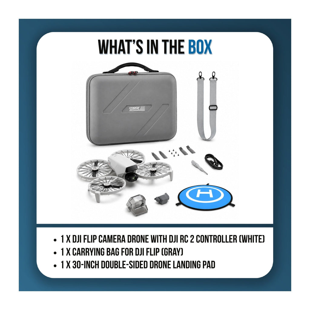 DJI Flip 4K White Camera Drone Bundle with RC 2 Controller, Carrying Bag and 30-inch Landing Pad
