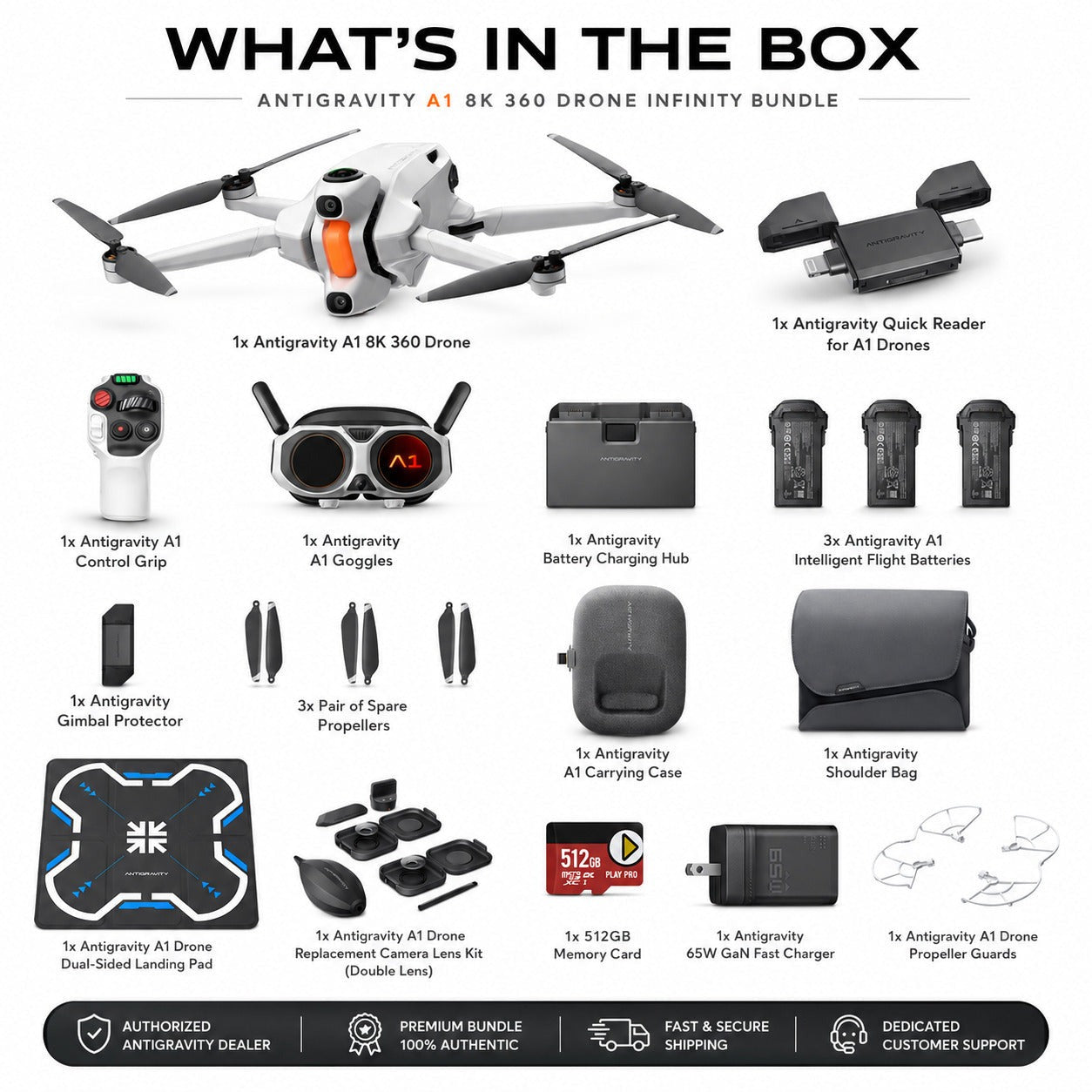 Antigravity A1 8K 360 Drone Infinity Bundle with 512GB Memory Card & Accessories