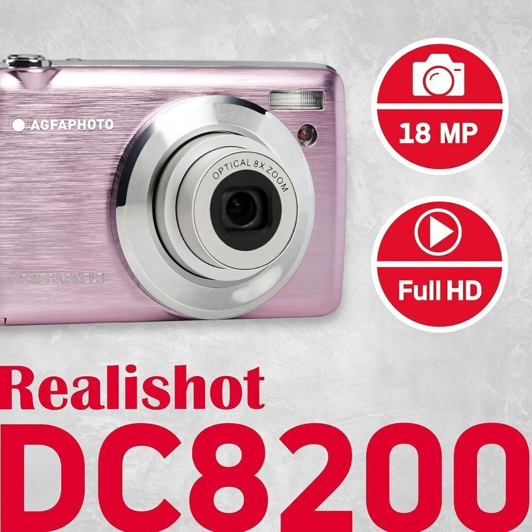 AGFAPhoto DC8200 18MP Compact Digital Camera with 8x Optical Zoom and 32GB Memory (Pink)