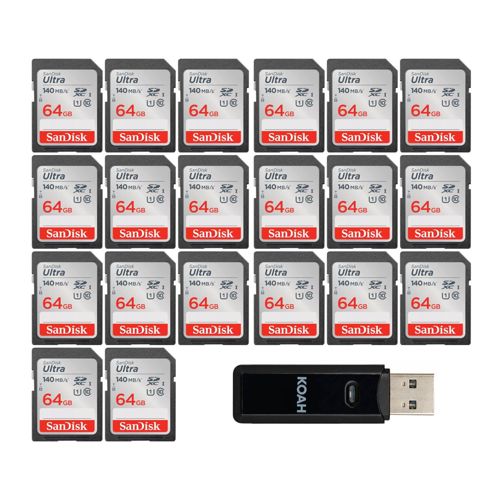 SanDisk 64GB 140 MB/s Memory Card (20-pack) with 2-in-1 USB Memory Card Reader