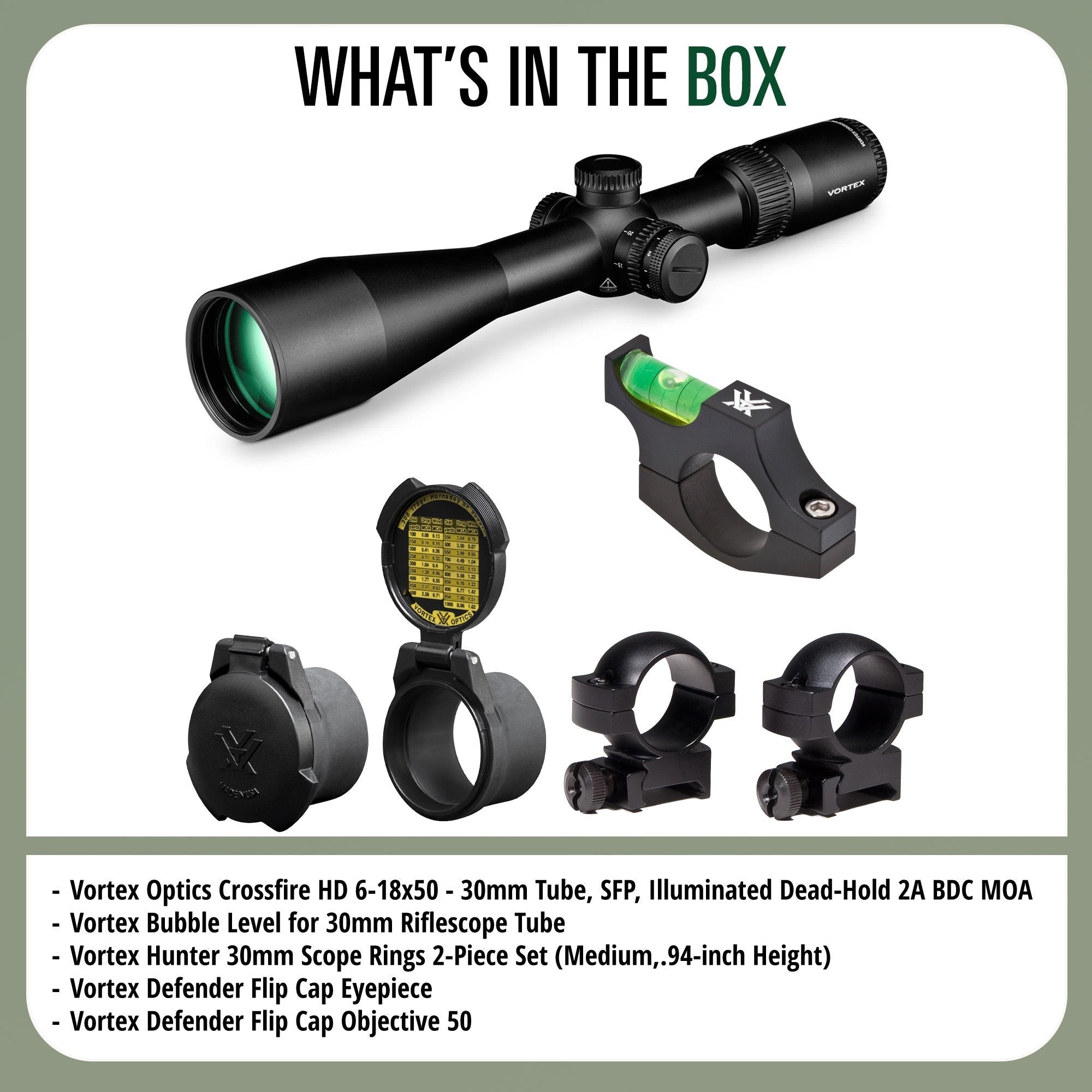 Vortex Optics Crossfire HD 6-18x50 Illuminated Dead-Hold Bundle with Accessories