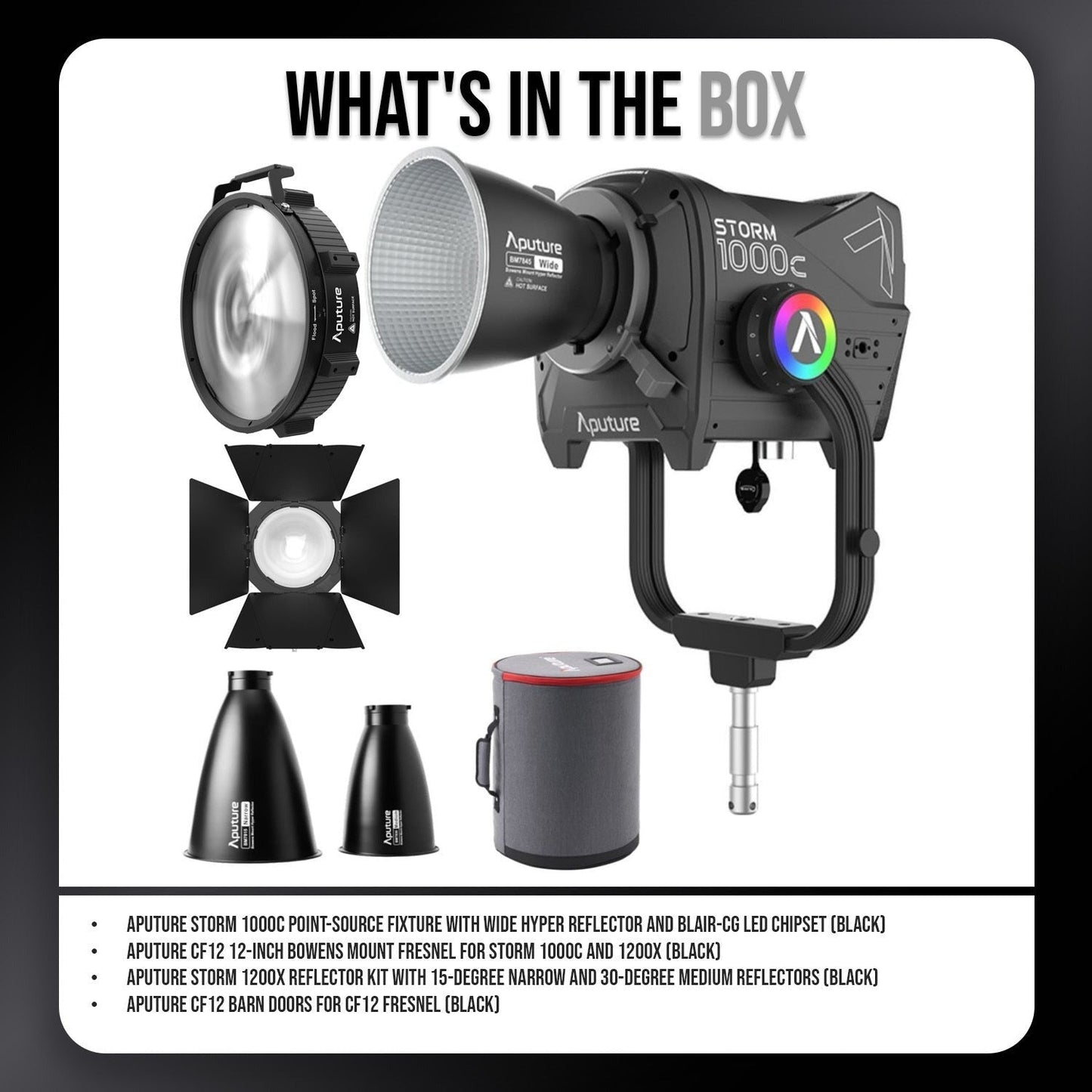 Aputure Storm 1000c Point-Source Fixture with Wide Hyper Reflector (Black) with Black Fresnel Bundle
