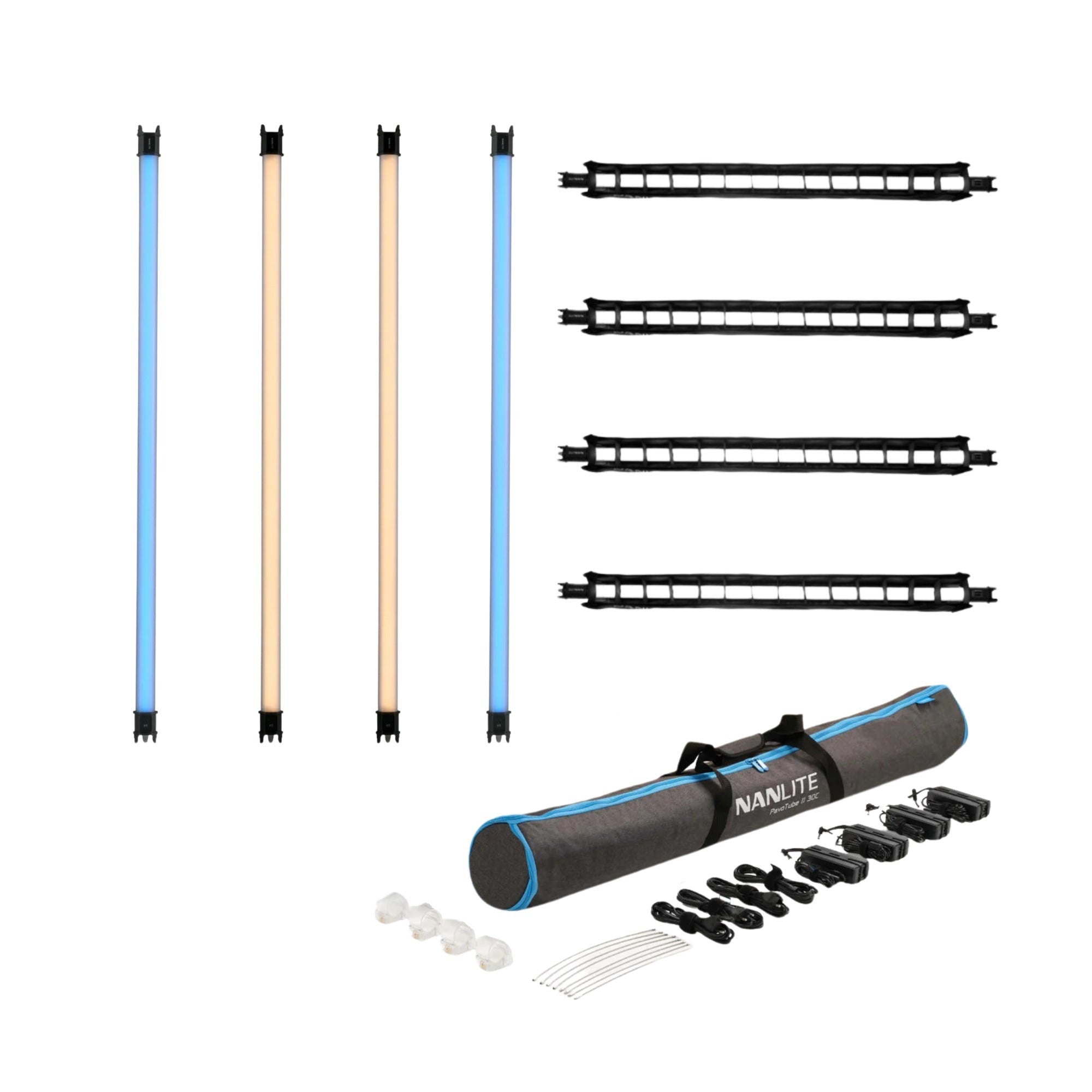 Nanlite PavoTube II 30C 4' LED Tube 4-Light Kit with Fabric Barndoors and Grid