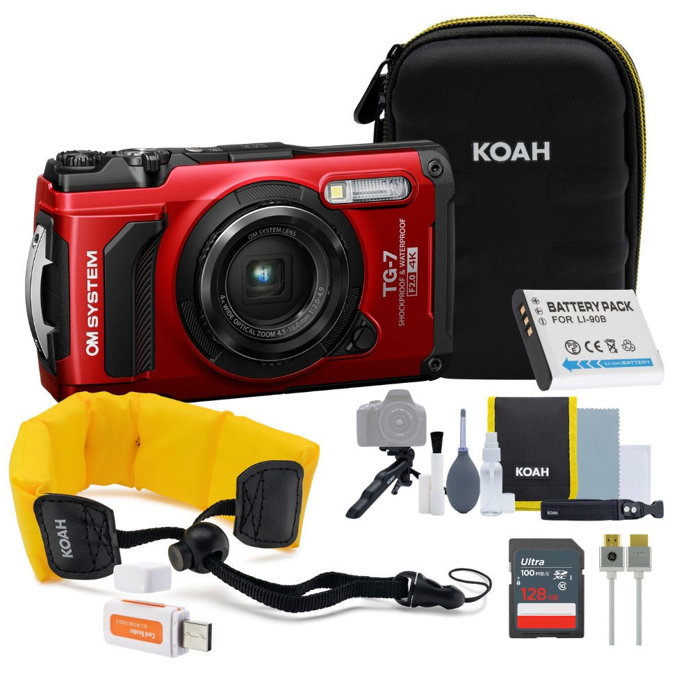 OM SYSTEM Tough TG-7 Digital Camera (Red) Bundle with 128GB Card, HDMI Cable & Accessories