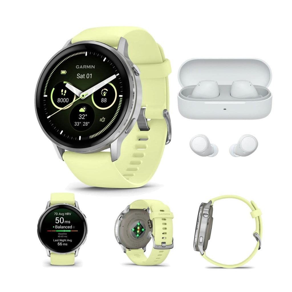 Garmin Venu 4 45mm AMOLED (Silver/Citron) GPS Smartwatch with Earbuds Bundle