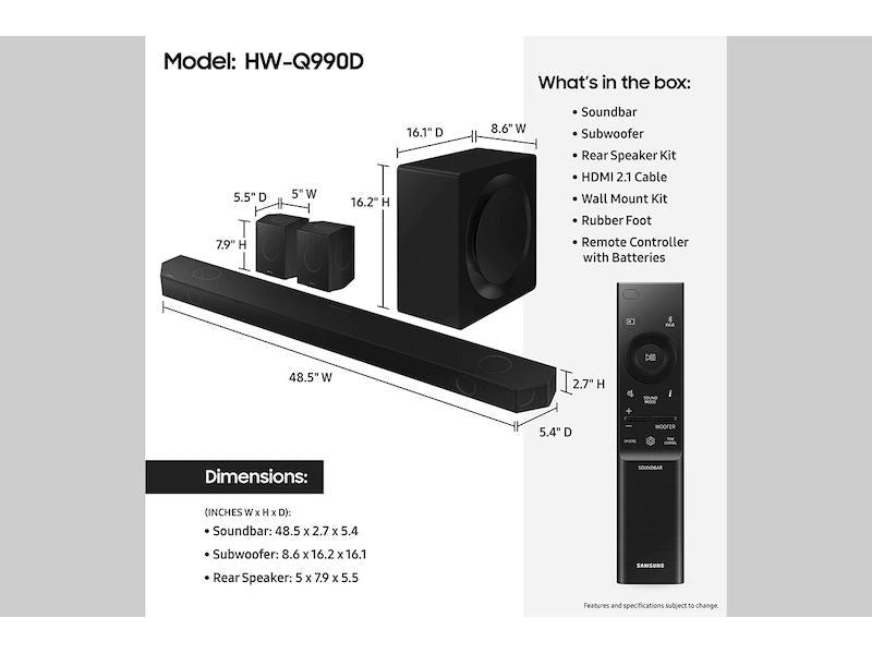 SAMSUNG Q990D 11.1.4ch Soundbar w/Wireless Dolby Atmos Audio, Rear Speaker Inclu (Used)