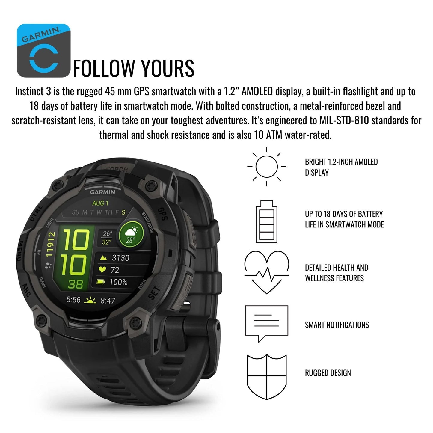 Garmin Instinct 3 45mm AMOLED GPS Smartwatch (Black) and Focus Camera Charger Stand Bundle