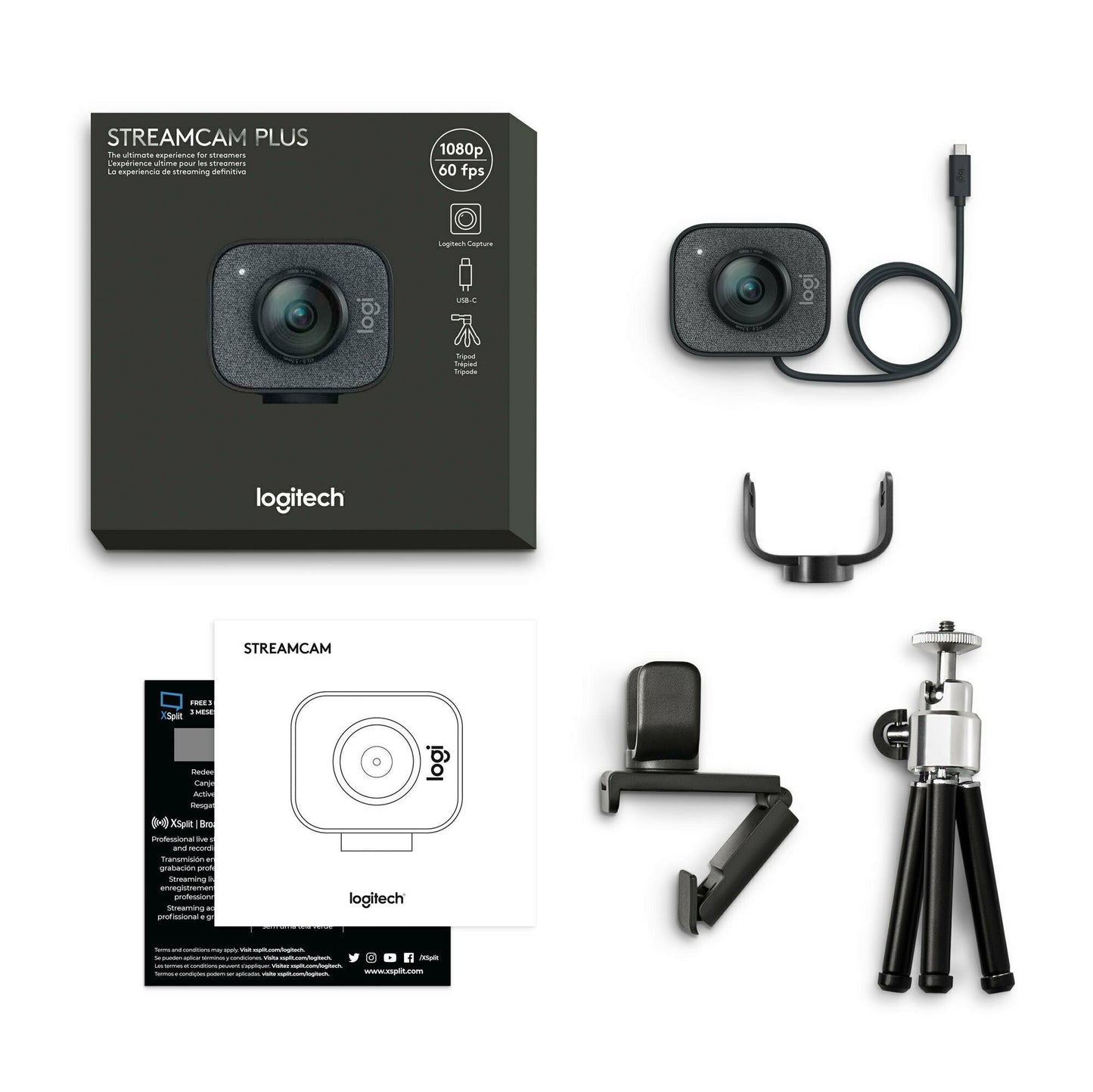 Logitech StreamCam Plus Webcam with Tripod and Yeti Blackout Mic and 4-Port USB Hub