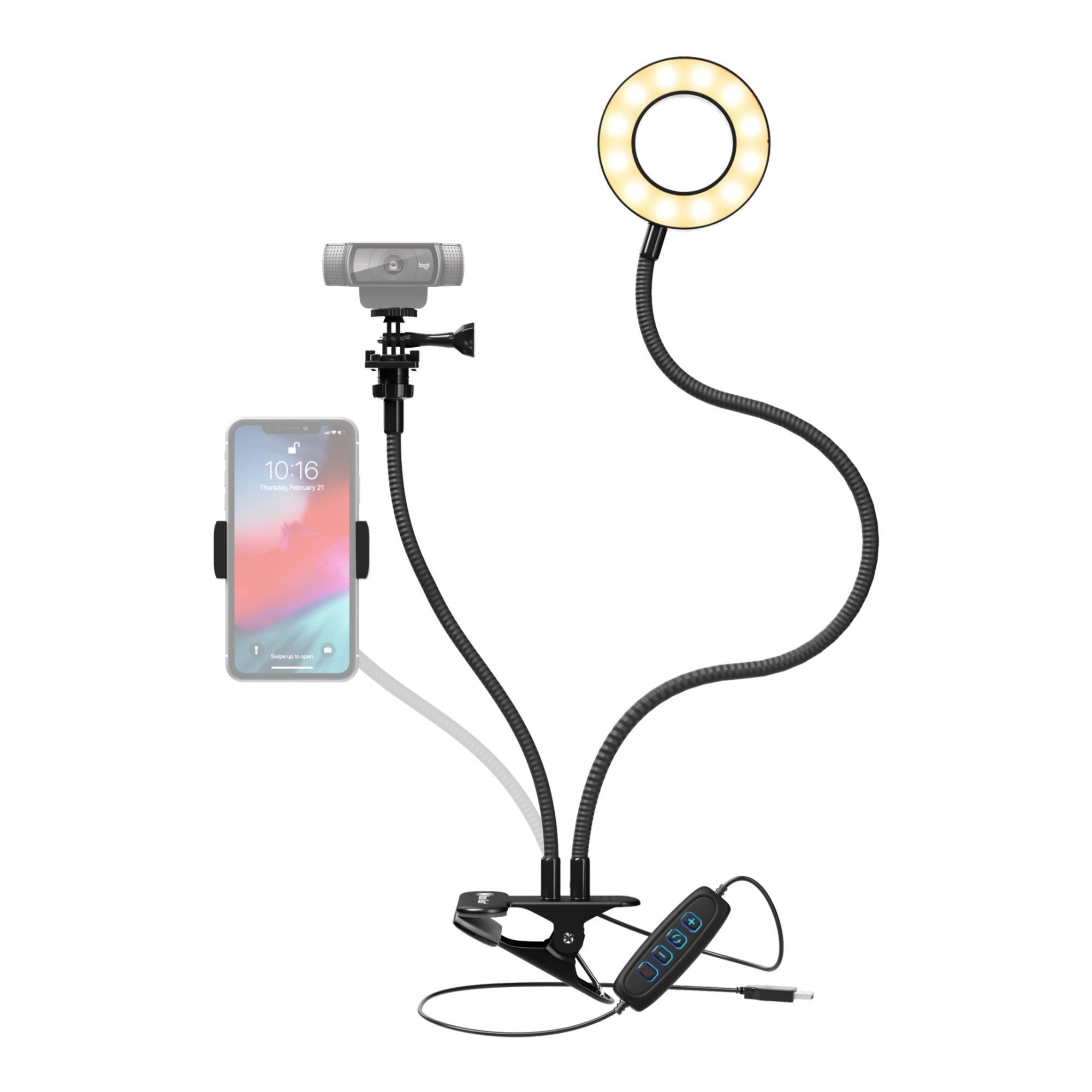 Logitech Brio 500 Webcam with Selfie Ring Light Stand and USB Hub (Graphite)