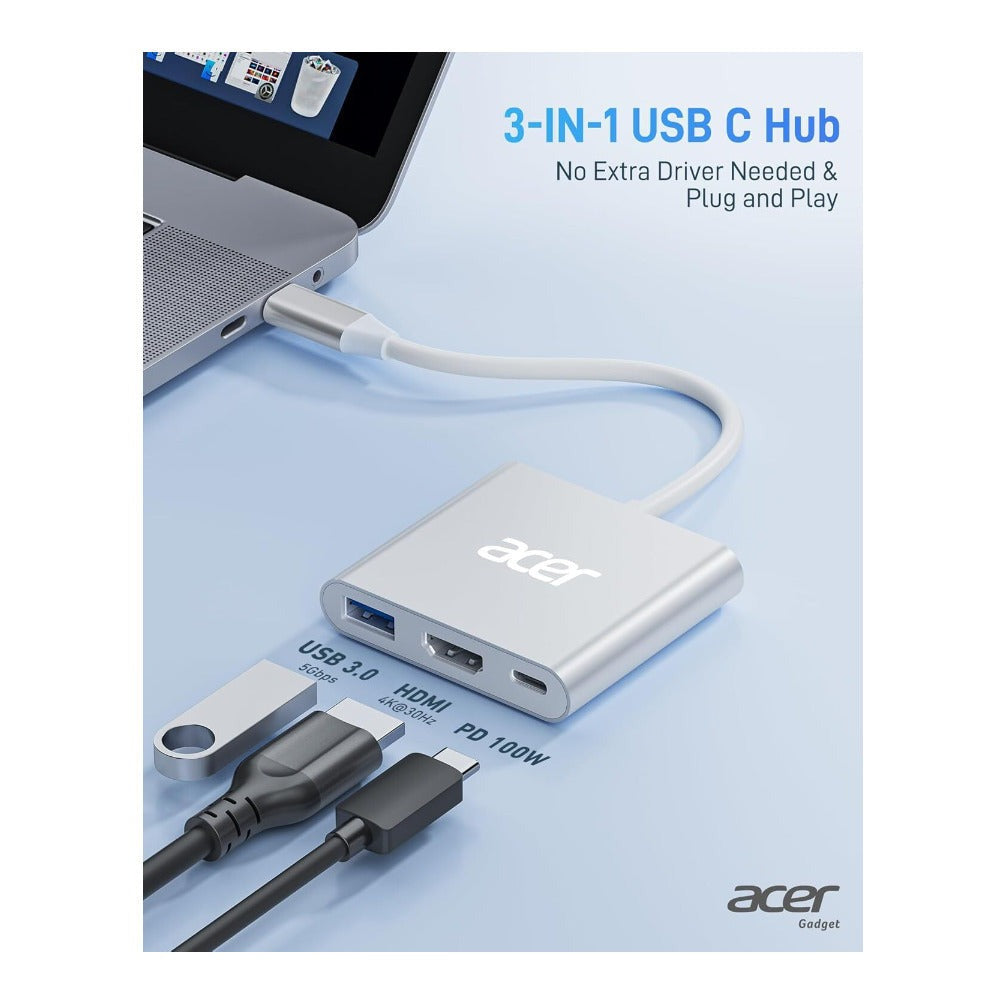 Acer USB-C to HDMI 4K Hub with 100W PD and USB-A 3.0 Port (Silver)