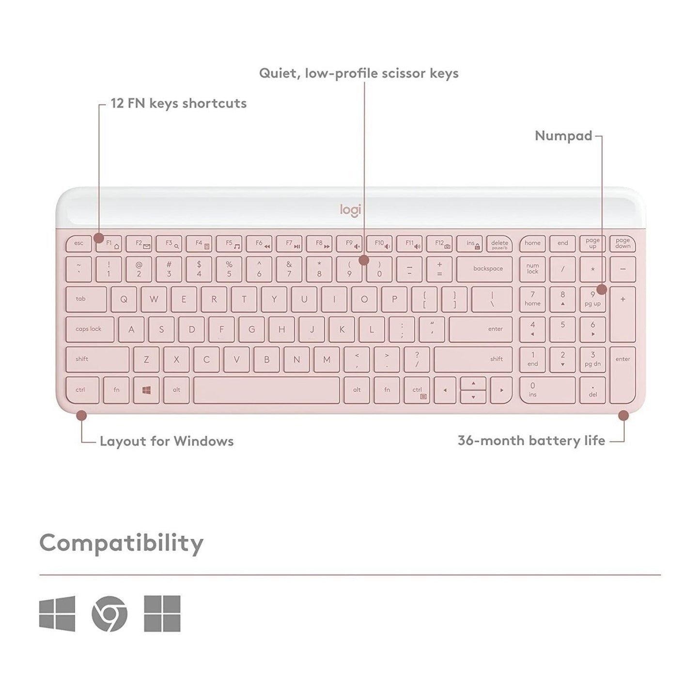 Logitech MK470 Slim Wireless Keyboard and Mouse Combo with Modern Compact Layout (Rose)