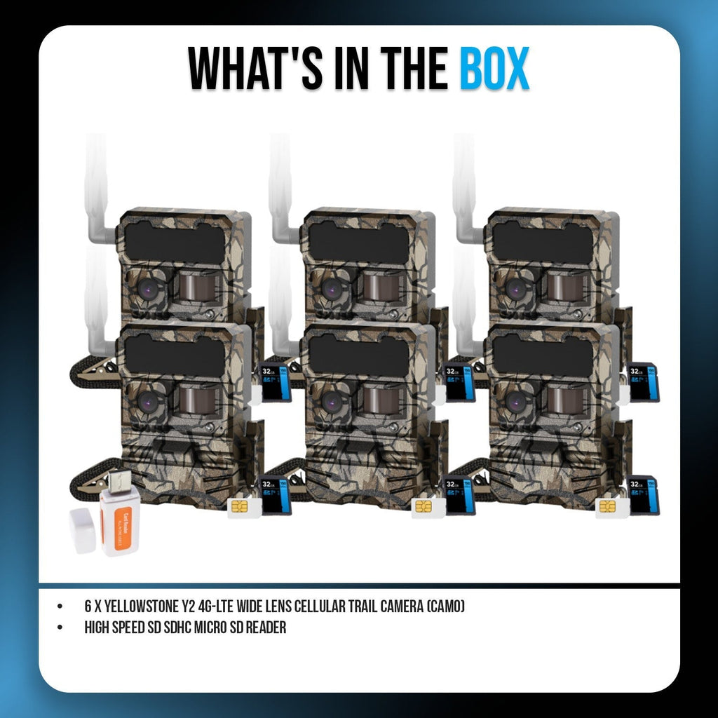 Yellowstone Y2 4G-LTE Wide Lens Cellular Trail Camera (6-Pack) Bundle with Card Reader