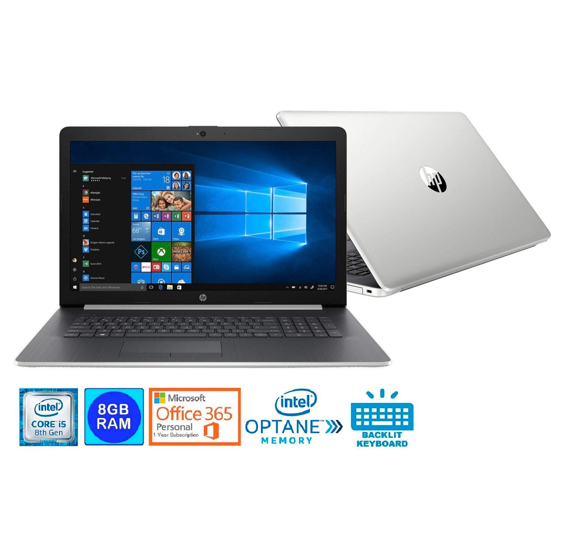HP 17-BY0028-CY 17.3" HD+ Laptop, Intel Core i5-8250U, 8GB RAM, 1TB HDD + 16GB Intel Optane, Microsoft Office 365 (1-Year) (Certified Refurbished)