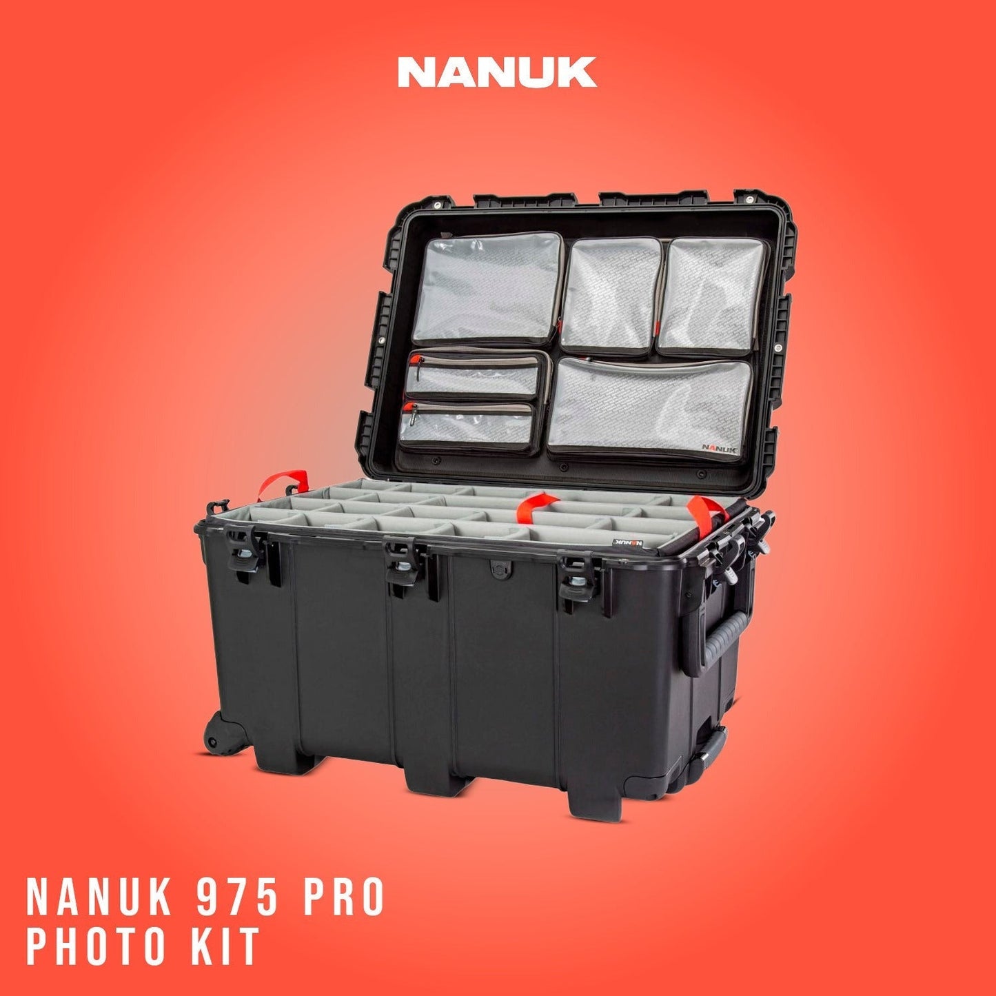 Nanuk 975 Pro Photo Kit with Pull Handle (Black) with Wheel Caster Kit and 225 Hard Case Bundle