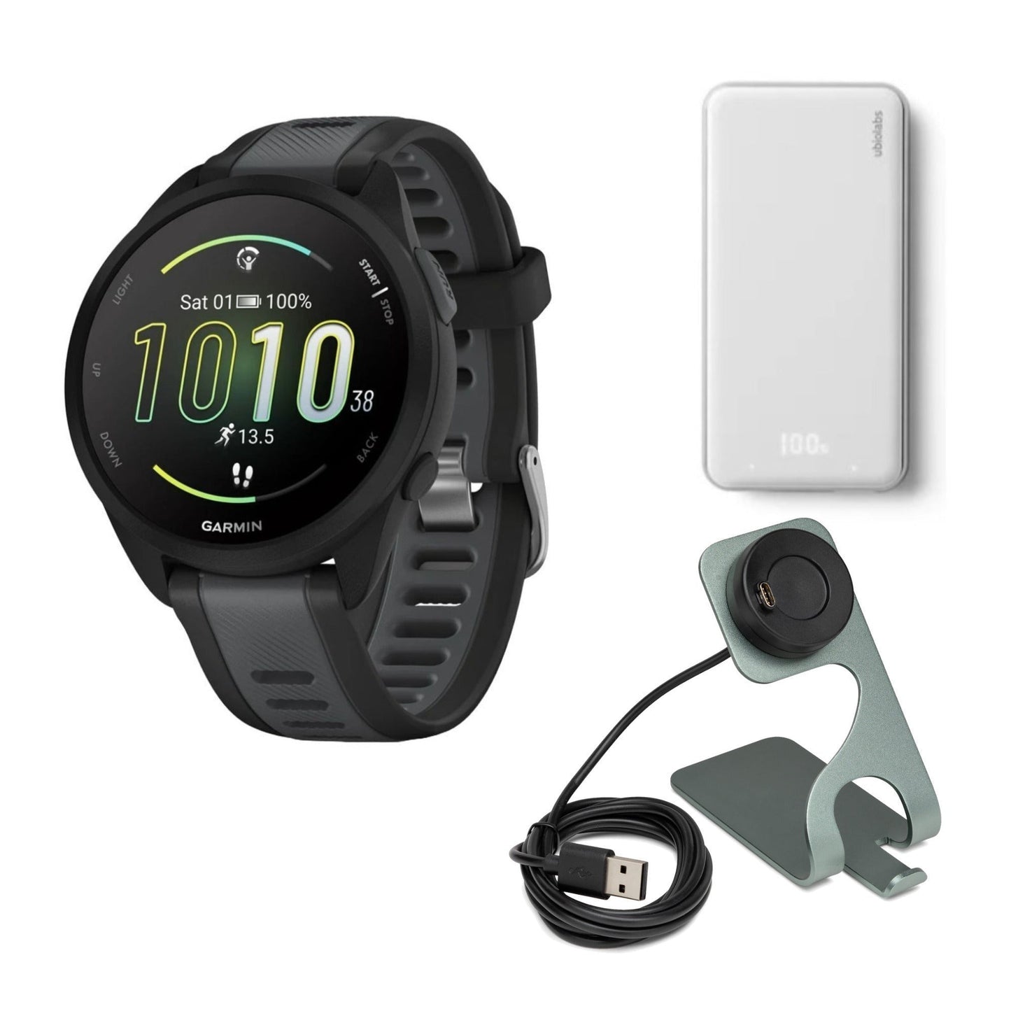 Garmin Forerunner 165 GPS Smartwatch (Black and Slate Gray) with Portable Accessory (White) Bundle