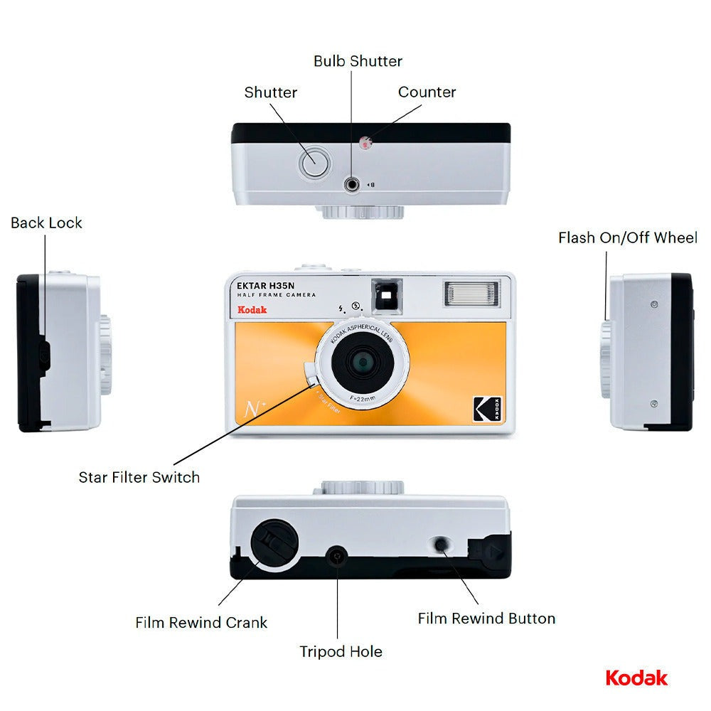 Kodak Ektar H35N 35mm Half Frame Film Camera with Star Filter (Glazed Orange) with Film Roll Bundle