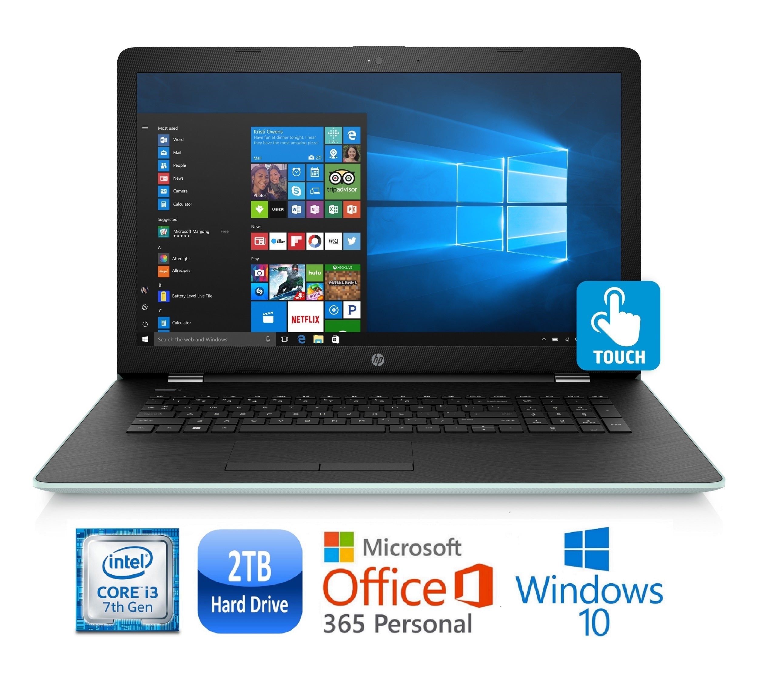 HP 15-bs012cy 15.6" HD Laptop, Intel Core i3-7100U, 2TB HDD, Pale Mint (Refurbished)